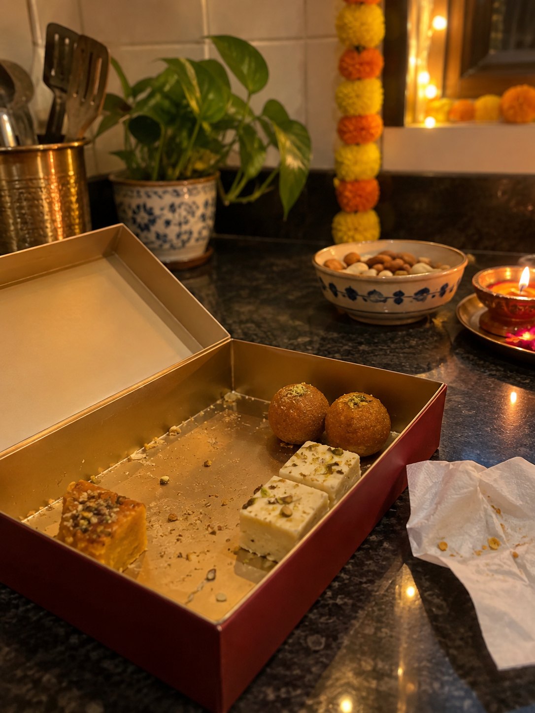 A guest quietly eating from the mithai box meant for visitors.