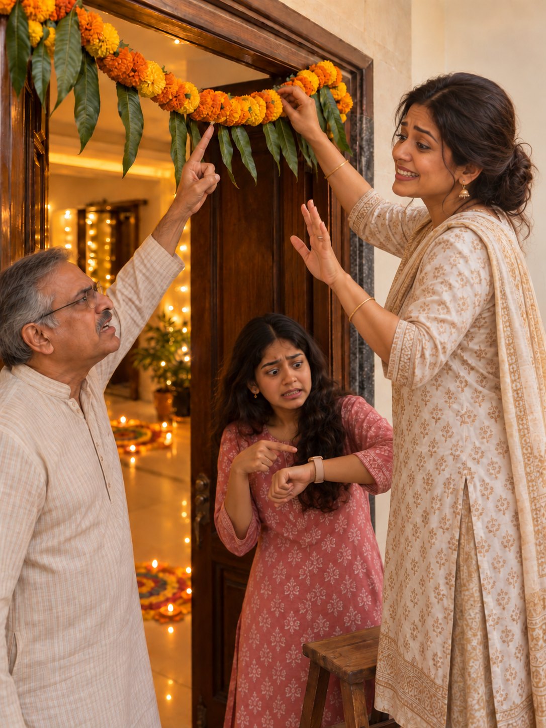A woman on a stool adjusting the toran while her family directs from below.