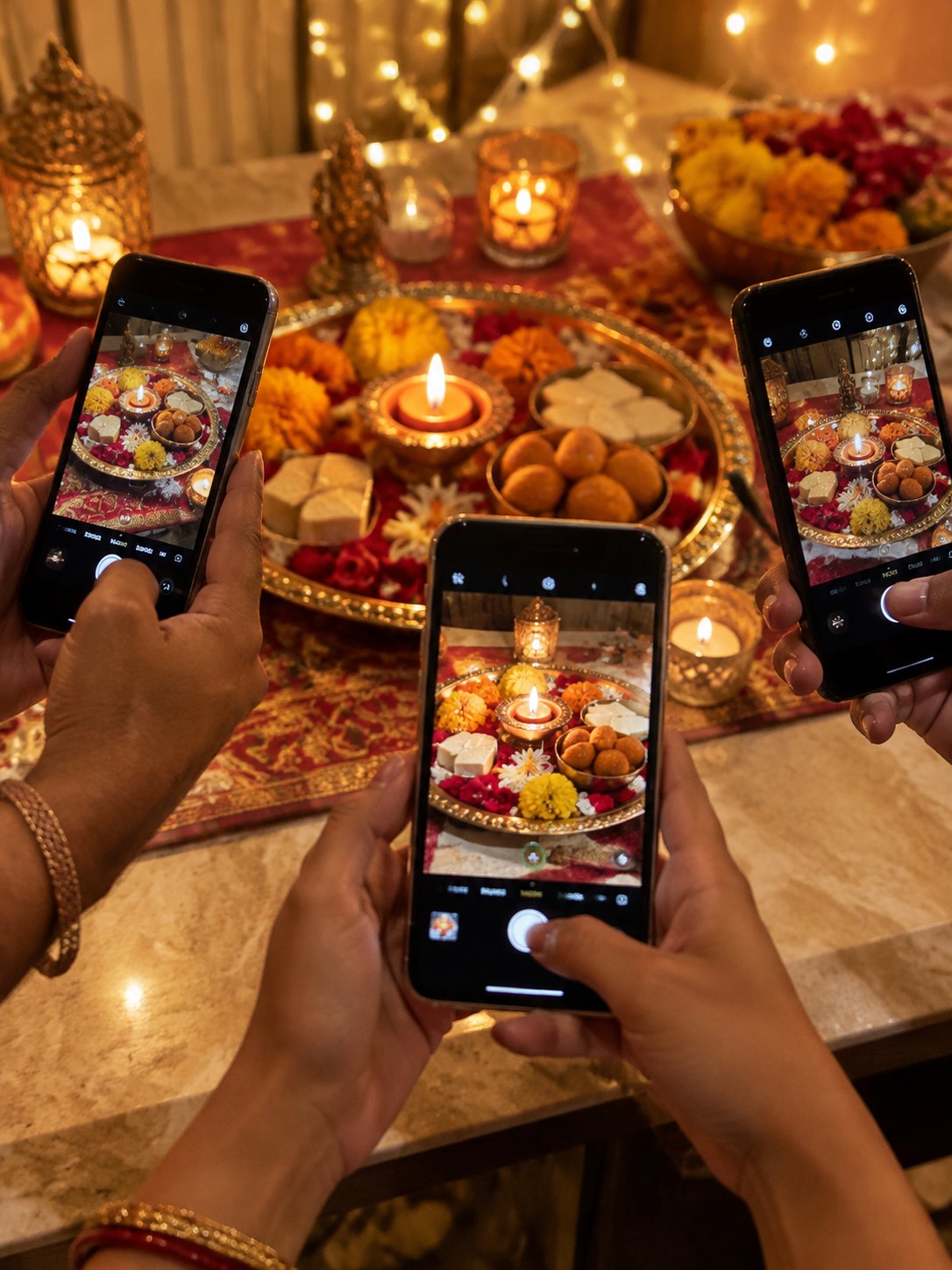 Hands and phones crowded around a thali, everyone taking the photo.