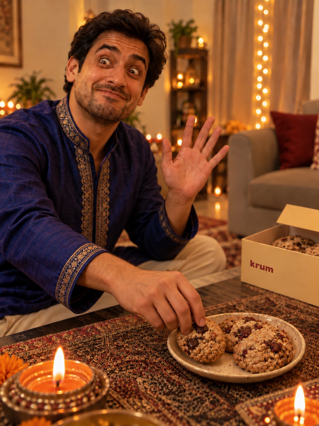 A hand reaching for one more cookie beside an open box of Krum cookies.